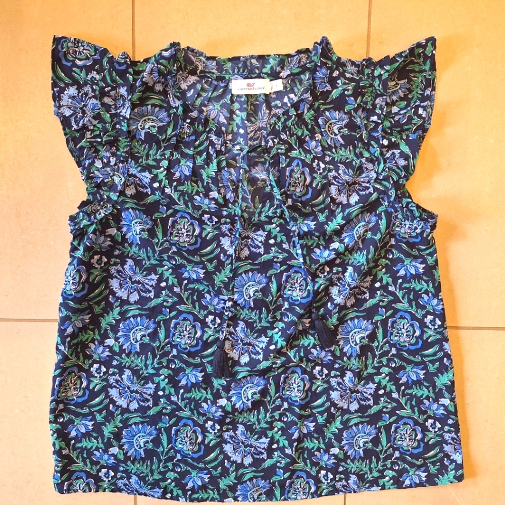 Vineyard Vines Floral Ruffle Sleeve Top - Black, Blue, Green
